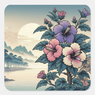 Vintage japanische florale Hibiskus-Kunst im Quadr Quadratischer Aufkleber