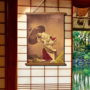 Vintage-japanische Frau im Wind Wandteppich Mit Holzrahmen