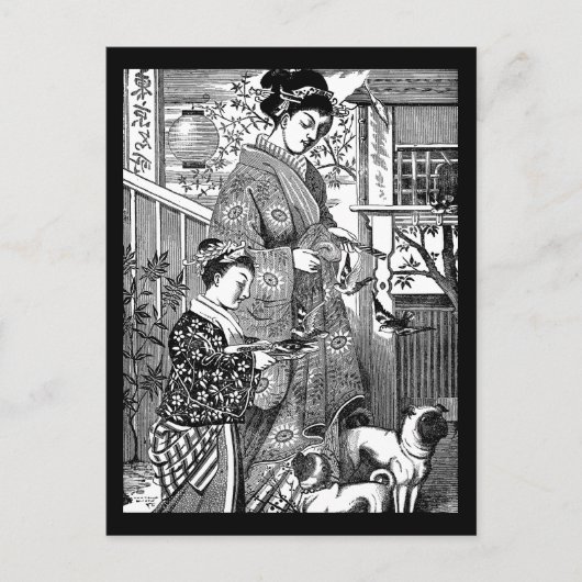 Vintage japanische Frau mit Möpse Postkarte (Vorderseite)