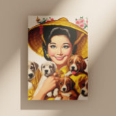 Vintage japanische Frau und Welpen Postkarte