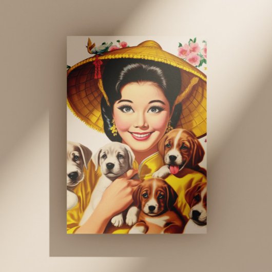 Vintage japanische Frau und Welpen Postkarte