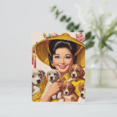 Vintage japanische Frau und Welpen Postkarte (Stehend Vorderseite)