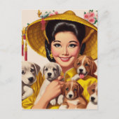 Vintage japanische Frau und Welpen Postkarte (Vorderseite)