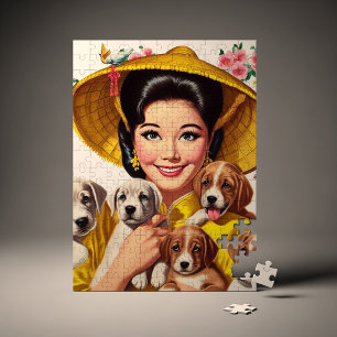 Vintage japanische Frau und Welpen Puzzle