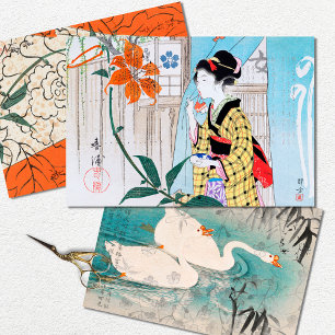 Vintage Japanische Frau Vögel Decoupage  Geschenkpapier Set