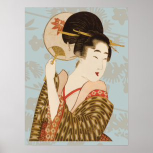 Vintage-Japanische Geisha-Dame in Kimono mit Fäche Poster