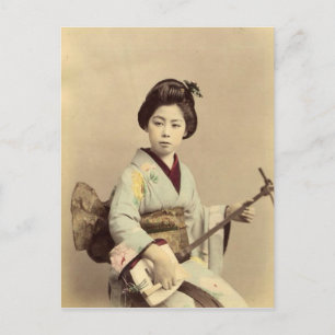 Vintage japanische Geisha, die Shamisen spielt Postkarte