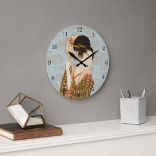 Vintage japanische Geisha Girl in Kimono mit Fan Große Wanduhr
