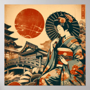 Vintage-Japanische-Geisha-Rotsonne-Pagode-Kunstpos Poster
