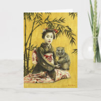 Vintage-Japanische-Geisha-und-Dämon-Grußkarte
