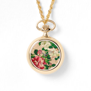 Vintage japanische Kamelien. Deep Pink auf Beige Armbanduhr