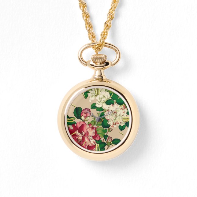 Vintage japanische Kamelien. Deep Pink auf Beige Armbanduhr (Vorderseite)