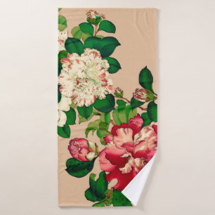 Vintage japanische Kamelien. Deep Pink auf Beige Badhandtuch Set