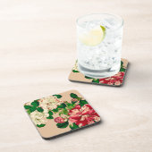 Vintage japanische Kamelien. Deep Pink auf Beige Getränkeuntersetzer (Rechte Seite)