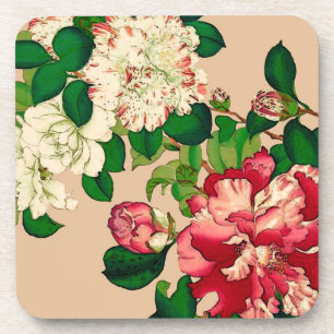 Vintage japanische Kamelien. Deep Pink auf Beige Getränkeuntersetzer