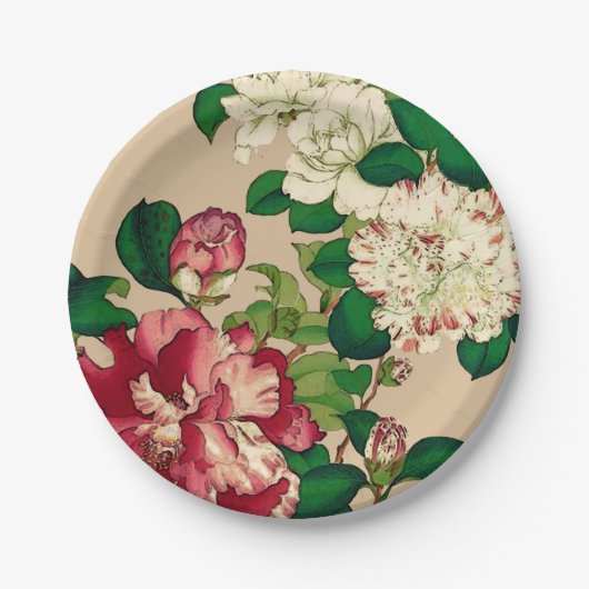 Vintage japanische Kamelien. Deep Pink auf Beige Pappteller (Vorderseite)