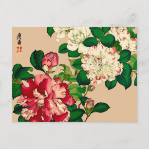 Vintage japanische Kamelien. Deep Pink auf Beige Postkarte