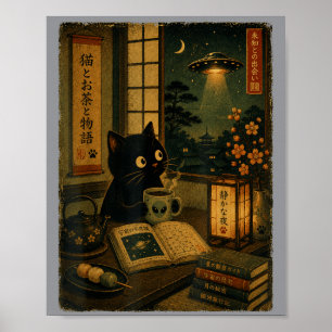 Vintage Japanische Katzen Buchliebhaber Ufo Alien Poster