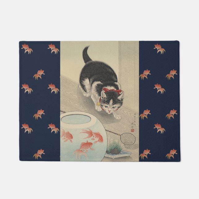 Vintage japanische Katzen-Jagdgoldfish-Kunst Fußmatte (Vorderseite)