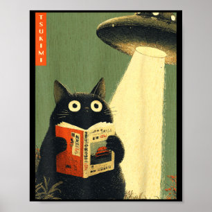 Vintage japanische Katzenbuchliebhaber UFO-Alien Poster