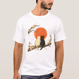 Vintage-Japanische Kirschblüten-Katzen Rote Sonne T-Shirt
