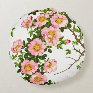 Vintage japanische Kirschblüten, Rosa und Gold Rundes Kissen