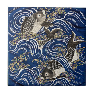 Vintage-japanische Koi-Karpfen-Wellen-Keramikflies Fliese