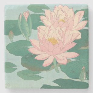 Vintage japanische Kunst: Blühende Wasserlilien Steinuntersetzer