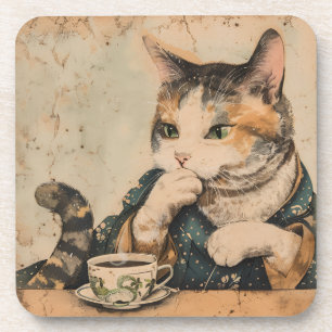Vintage japanische Kunst niedliche Katze mit einer Getränkeuntersetzer