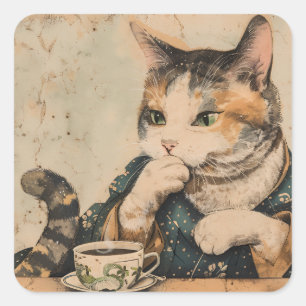 Vintage japanische Kunst niedliche Katze mit einer Quadratischer Aufkleber
