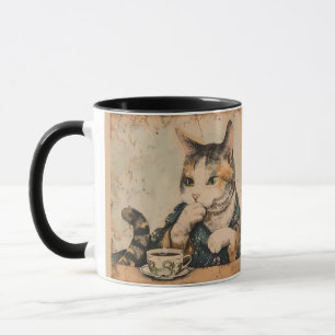 Vintage japanische Kunst niedliche Katze mit einer Tasse