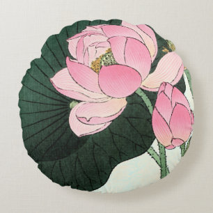 Vintage japanische Kunst - Rosa Lotus Blume Rundes Kissen