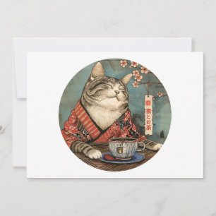 Vintage japanische Kunstkatze mit einer Tasse Tee Einladung
