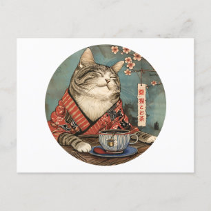 Vintage japanische Kunstkatze mit einer Tasse Tee Postkarte