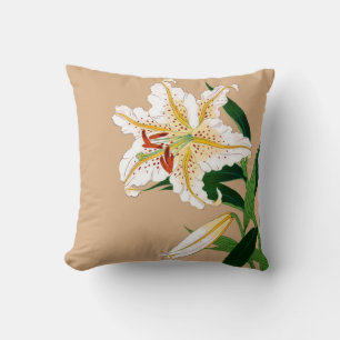 Vintage japanische Liliy. Weiß, Grün und Beige Kissen