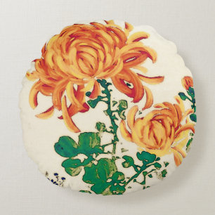 Vintage japanische Malerei der Chrysanthemen Rundes Kissen