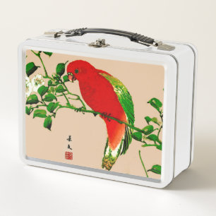 Vintage japanische Malerei eines Papageis, Rot & G Metall Lunch Box