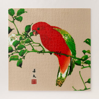 Vintage japanische Malerei eines Papageis, Rot & G Puzzle