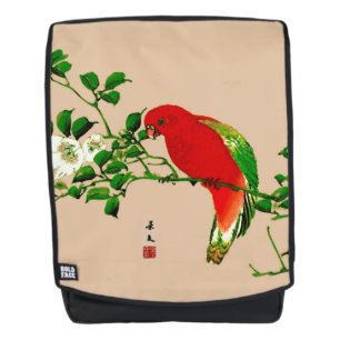 Vintage japanische Malerei eines Papageis, Rot & G Rucksack