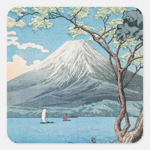 Vintage japanische Mount Fuji und Lake Yamanaka Ku Quadratischer Aufkleber