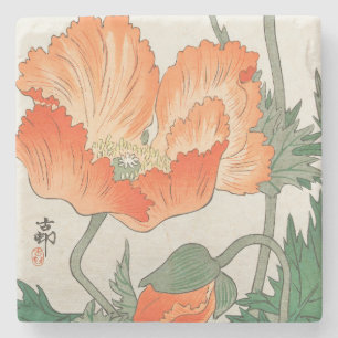 Vintage japanische Orange Poppy Blume, Ohara Koson Steinuntersetzer