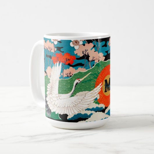 Vintage japanische Sakura- und Rotkronenkrane Kaffeetasse (Vorderseite Links)