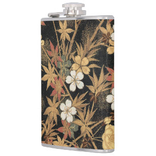 Vintage Japanische Schwarze Gold Herbst Blumen Kun Flachmann