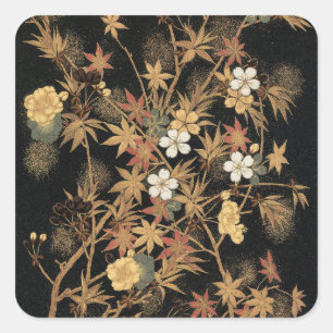 Vintage Japanische Schwarze Gold Herbst Blumen Kun Quadratischer Aufkleber