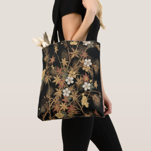 Vintage Japanische Schwarze Gold Herbst Blumen Kun Tasche