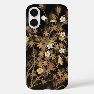 Vintage Japanische Schwarze Goldene Herbst Blumen iPhone 16 Hülle