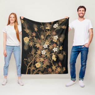 Vintage Japanische Schwarze Goldene Herbst Blumen Fleecedecke