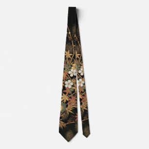 Vintage Japanische Schwarze Goldene Herbst Blumen  Krawatte