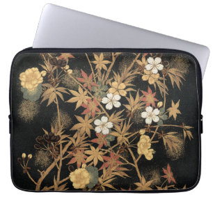 Vintage Japanische Schwarze Goldene Herbst Blumen Laptopschutzhülle