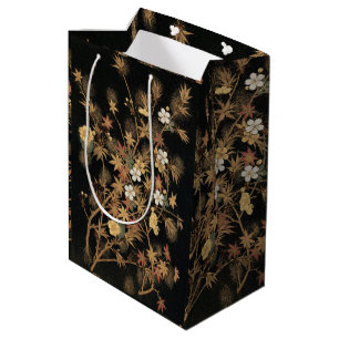 Vintage Japanische Schwarze Goldene Herbst Blumen Mittlere Geschenktüte